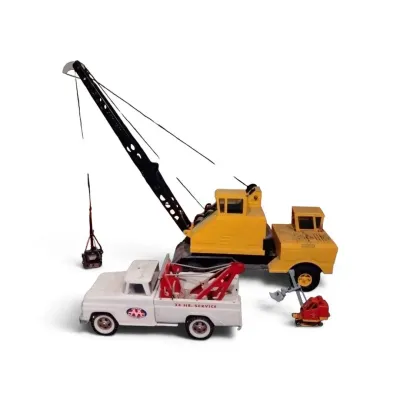TJ205 Vintage Pressed Steel & Diecast Toy Lot - Tonka Tow Truck, Nylint Crane, Miniature Loader