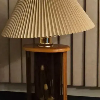 004 MCM Mid Century Don Ward Etched Amber Glass, Panel Wood Brass Table Lamp