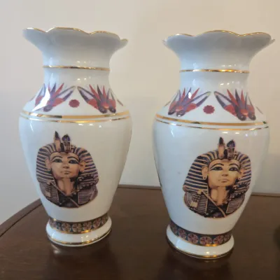 006 pair of sheeni egyptian fine porcelain vases gold trim