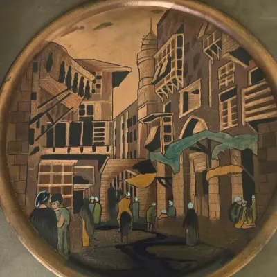 Vintage egyptian copper plate bazaar scene
