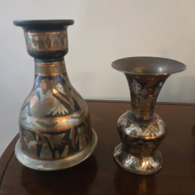 Set of vintage brass egyptian ware tri color vases