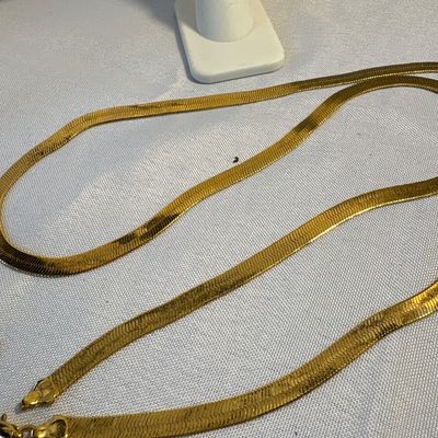 Sale Photo Thumbnail #190: Ring is size 7 and marked 18KT HGE. 15” chain marked 12K G.F.  No markings on 24” herringbone necklace. See pictures