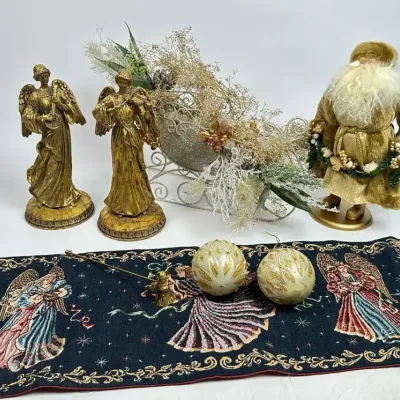 Christmas Decor Lot Santa Angels Sleigh & Table Runner