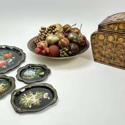Hand Painted Floral Trays Wood Box Decor Set