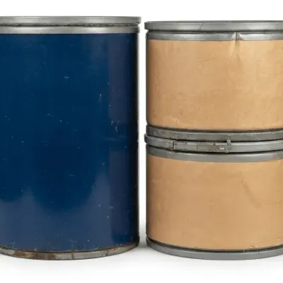 Industrial Storage Lot: Blue Fiber/Metal Drum and Two Cardboard Fiber Drums