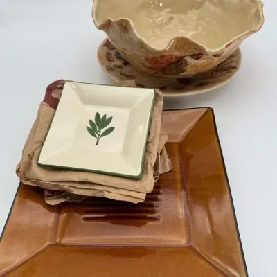 World Market Square Plates Ambiance Butternut Salad Bowl Ceramic Dishes Lot