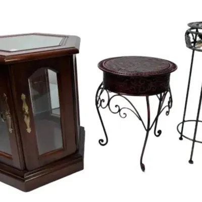 Plant Stand Set, Curio Display Cabinet & Accent Table Decor Lot
