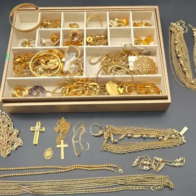 Gold Tone Jewelry Lot Necklaces Bracelets Earrings Mixed