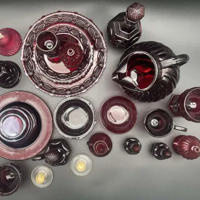 Ruby Red Glassware Lot Decanter Pitcher Goblets Plates