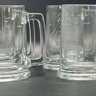 Etched Glass Beer Mugs & Clear Glass Coffee Mug Set