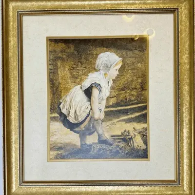 Framed Art Print Girl Feeding Birds Landscape Gold Frame