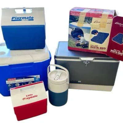 Coleman Wheeled Cooler Igloo Playmate Ice Chest Eddie Bauer Air Mattress Camping Lot