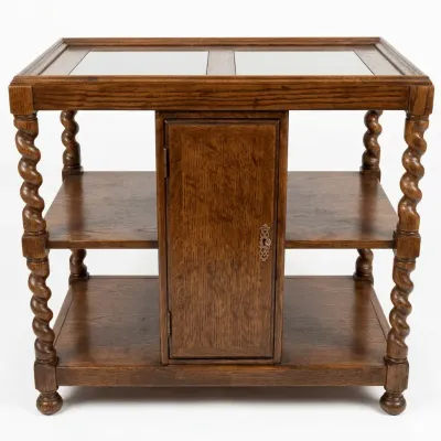 Vintage Wooden Serving Cart / Bar Cart with Spiral Twist Legs and Cabinet