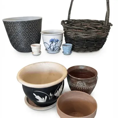 Ceramic Planter Pots & Wicker Basket Lot Indoor Outdoor Flower Pots Garden Decor