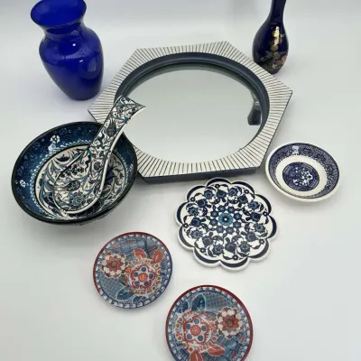 Blue Glass Vase Hexagon Wall Mirror Ceramic Home Decor Lot
