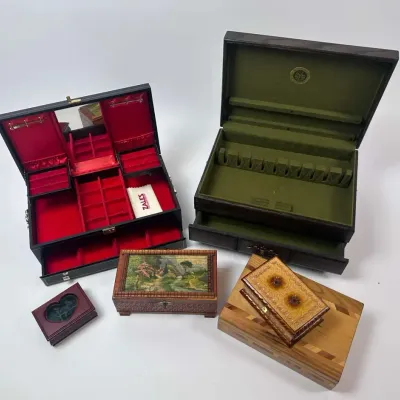 Jewelry Box Lot Wooden Silverware Chest Cedar Trinket Boxes Leatherette Case