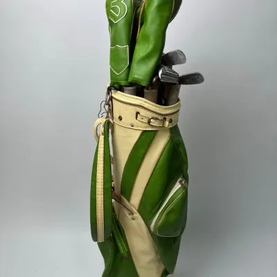 Walter Hagen Golf Clubs Set Reg 370 Irons 1 3 Wood Green Cream Leather Bag