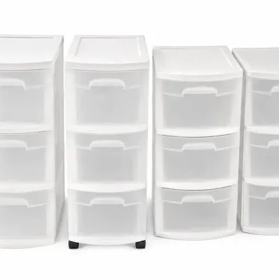 4 Sterilite Clear Plastic 3-Drawer Storage Tower Organizers