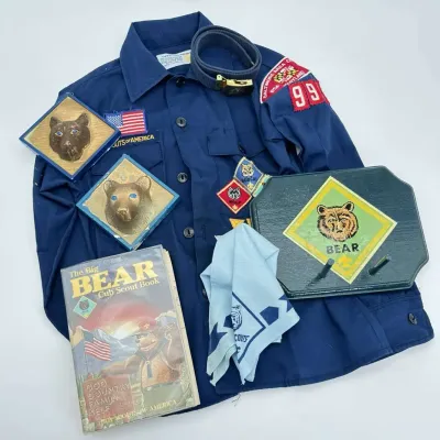 BSA Cub Scouts Bear Uniform Lot Book Neckerchief Patches Belt Bear Plaques