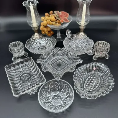 Clear Pressed Glass Serving & Candle Holder Collection Lot