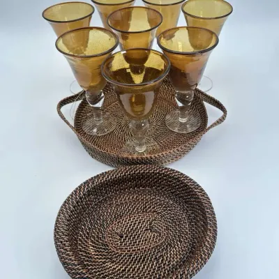 Amber Glass Goblets Rattan Serving Tray Set Drinkware Barware