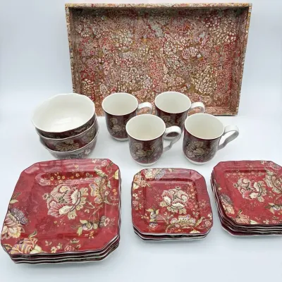 222 Fifth Gabrielle Red Fine China Lot Plates Bowls Cups Tray