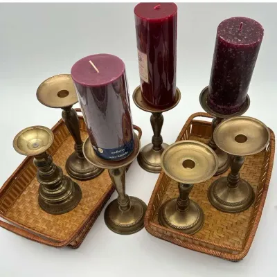 Brass Candlesticks Holders Set Pillar Candle Lot Wicker Basket Trays