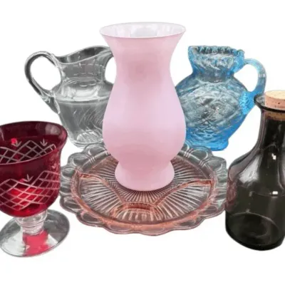 Colorful Glass Decor Lot with Pink Vase, Divided Serving Tray & Pitchers