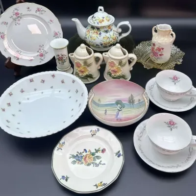 Floral China Tea Cups, Serving Bowl & Plate Set