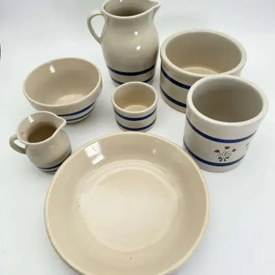Blue Stripe Stoneware Pottery Crock Pitcher Bowl Set