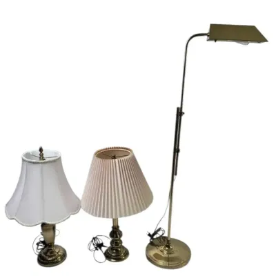 Table & Floor Lamps Set Brass Finish with Fabric Shades Home Lighting