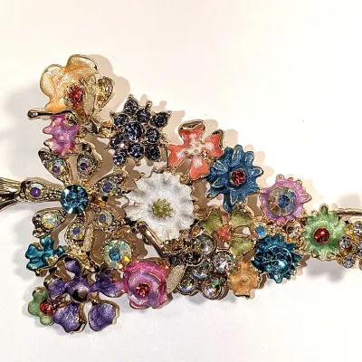 **NEW ARRIVAL** Multicolor Ceramic Flowers & Stones TREE BROOCH (4" x 2") with Small Winged "Pixies" on a Gold...