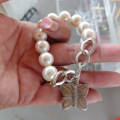 Butterfly Dangling Charm with Silver and Large Faux Pearl Beads