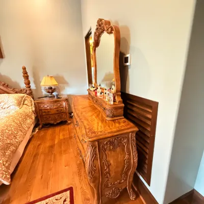 Sale Photo Thumbnail #2: Gorgeous, rich, Mediterranean 
3 pc Headboard, Footboard & Rails, 2 night stands and triple dresser with mirror.