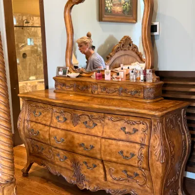 Sale Photo Thumbnail #3: Gorgeous, rich, Mediterranean 
3 pc Headboard, Footboard & Rails, 2 night stands and triple dresser with mirror.