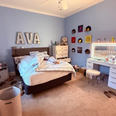 Sale Photo Thumbnail #13: Gray Plush Headboard, Triple Dresser and 2 Small Side Tables