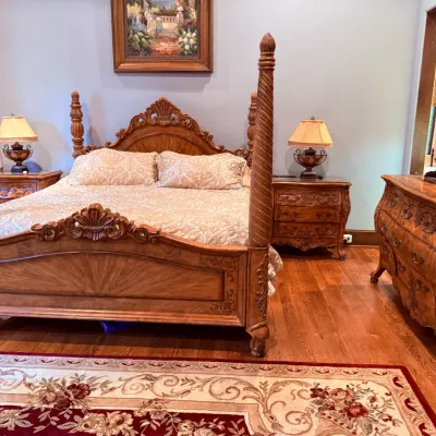 Sale Photo Thumbnail #4: Gorgeous, rich, Mediterranean 
3 pc Headboard, Footboard & Rails, 2 night stands and triple dresser with mirror.