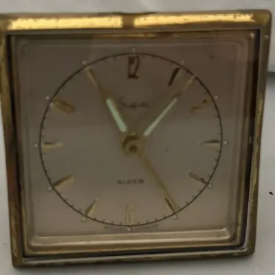 Vintage Swiza Swiss Made Wind-Up Alarm Clock Gold Tone Square Mid Century Parts Repair