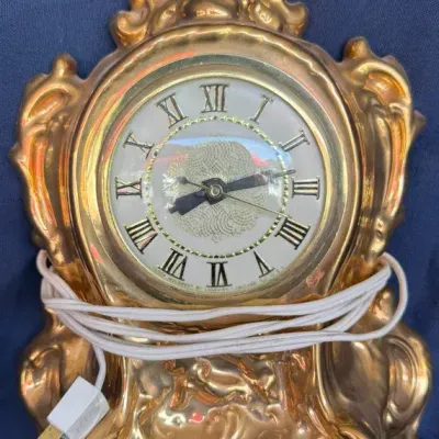 Vintage Lanshire Gold Glazed Ceramic Electric Mantel Clock – Ornate Mid-Century Shelf Clock