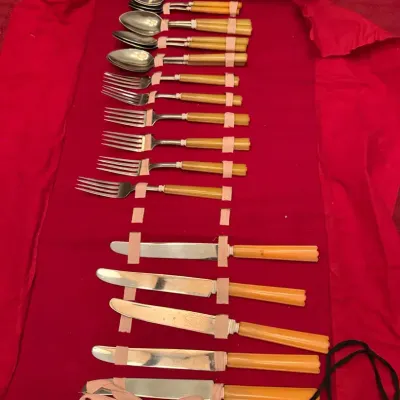 Vintage Ross Sheffield England 20-Piece Stainless Flatware Set with Faux-Ivory Handles & Roll Case