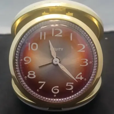 Vintage Equity Folding Travel Alarm Clock White Clamshell Case Brown Dial Mid-Century