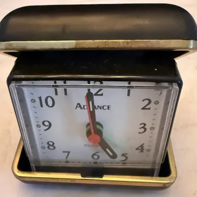 Vintage Advance Quartz Folding Travel Alarm Clock Black Gold Case Retro 
