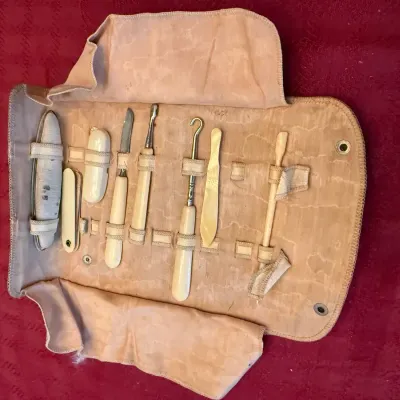 Antique Celluloid French Ivory Manicure Set Tools in Fabric Roll Case 