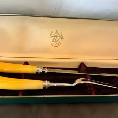 Vintage Faux Ivory Handle Carving Knife & Meat Fork Set in Original Presentation Case