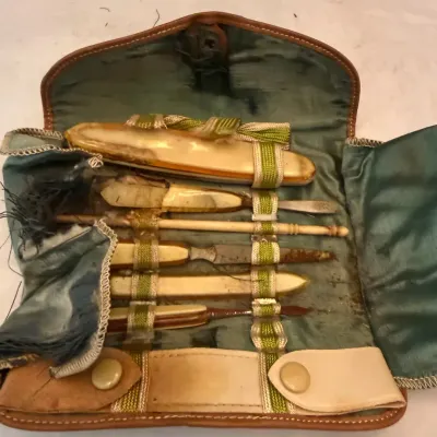 Vintage Celluloid Manicure Grooming Set Leather Case Incomplete Parts Repair 