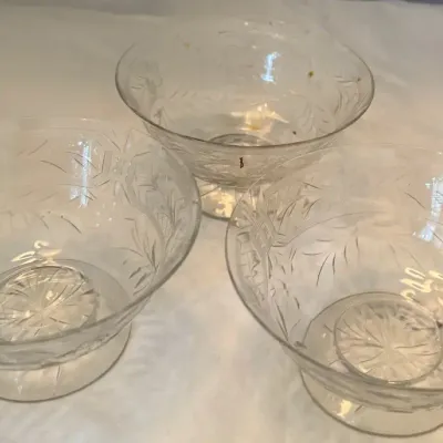Set of 3 Vintage Etched Clear Glass Dessert Sherbet Berry Bowls