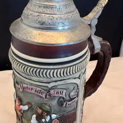 Vintage Original Thewalt German Beer Stein Pewter Lid Tavern Scene Alt-Grenzau