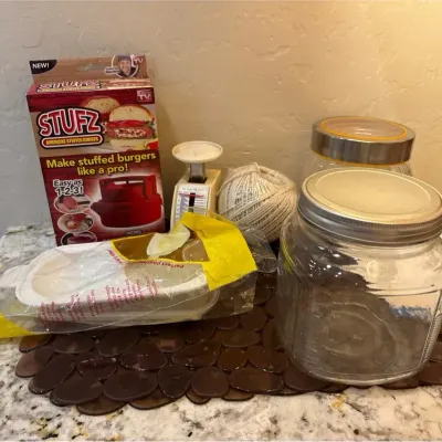 Kitchen - Stufz Burger Maker, Microwave Egg Poacher, Scale, Glass Jars, NEW Sink Mats & Twine