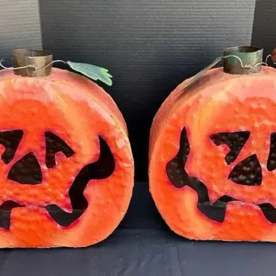 Porch Halloween Decor. - 2 Large Metal Jack O Lantern Pumpkins