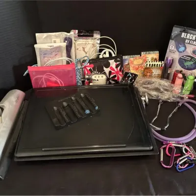 Junk Drawer - Carabiner Clips, Clip Light, Flashlights, Notepads, Coin Counter, Phone Cables, Cases